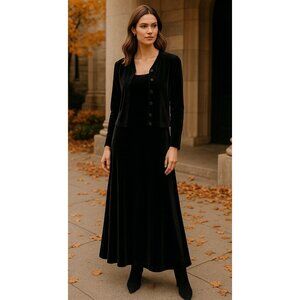 Vintage Black Velvet 2 Piece Dress Set Tank Maxi & Cardigan Medium Witchy Vamp